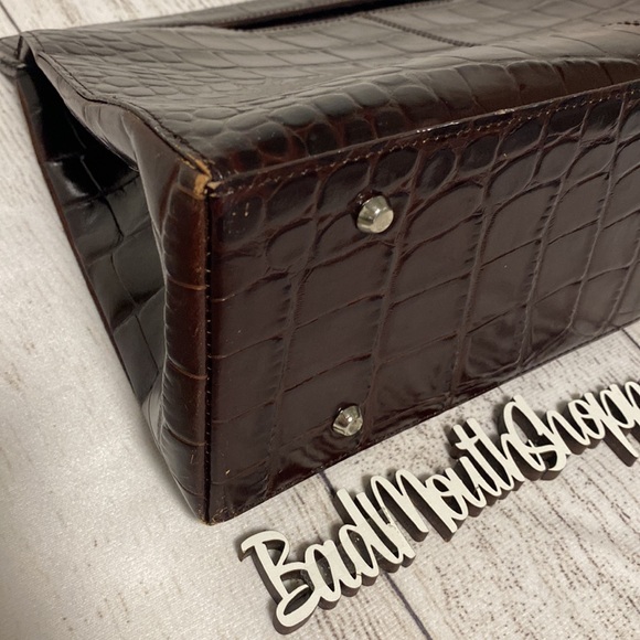 Vintage 90s 00s Y2K Brown Genuine Leather Crocodile Doctor's Bag Style Purse - Picture 10 of 15